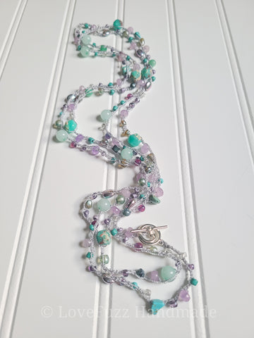 Aqua Glass and Gemstone Long Beaded Crochet Necklace