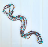 Aqua Glass and Gemstone Long Beaded Crochet Necklace