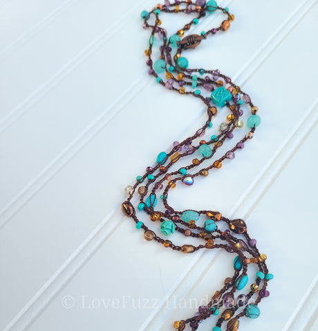 Aqua Glass and Gemstone Long Beaded Crochet Necklace