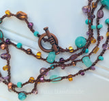 Aqua Glass and Gemstone Long Beaded Crochet Necklace