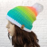 Pastel Rainbow Beanie with Fur Pom