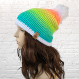 Pastel Rainbow Beanie with Fur Pom