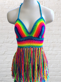 Crochet Halter Top with Fringe, Neon Rainbow Crochet Bikini Top