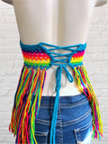 Crochet Halter Top with Fringe, Neon Rainbow Crochet Bikini Top