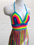 Crochet Halter Top with Fringe, Neon Rainbow Crochet Bikini Top