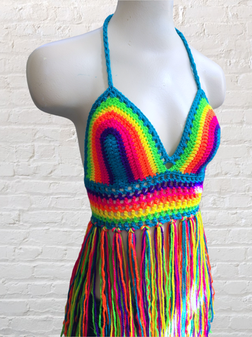 Crochet Halter Top with Fringe, Neon Rainbow Crochet Bikini Top