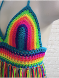 Crochet Halter Top with Fringe, Neon Rainbow Crochet Bikini Top