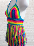 Crochet Halter Top with Fringe, Neon Rainbow Crochet Bikini Top