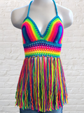 Crochet Halter Top with Fringe, Neon Rainbow Crochet Bikini Top