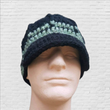 Wool Blend Brimmed Beanie - Black and Green Stripes