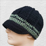 Wool Blend Brimmed Beanie - Black and Green Stripes