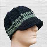 Wool Blend Brimmed Beanie - Black and Green Stripes