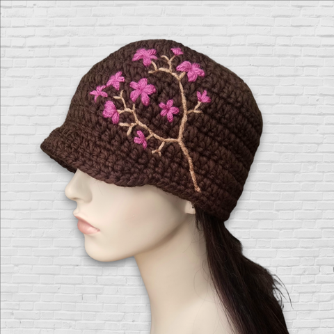 Brimmed Beanie with Cherry Blossom Embroidery