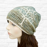 Tree of Life Slouchy Beanie - Green and Cream