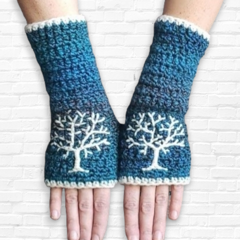 Tree of Life Armwarmers - Blue and Cream