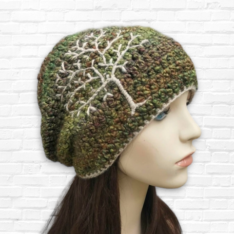 Tree of Life Slouchy Beanie - Green and Tan