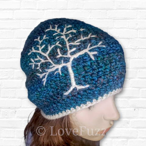 Tree of Life Slouchy Beanie -Blue and Cream