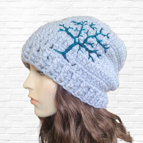 Tree of Life Slouchy Beanie - Gray and Teal