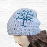 Tree of Life Slouchy Beanie - Gray and Teal