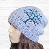 Tree of Life Slouchy Beanie - Gray and Teal