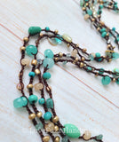 Aqua Glass and Gemstone Long Beaded Crochet Necklace