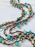 Aqua Glass and Gemstone Long Beaded Crochet Necklace