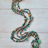 Aqua Glass and Gemstone Long Beaded Crochet Necklace