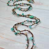 Aqua Glass and Gemstone Long Beaded Crochet Necklace