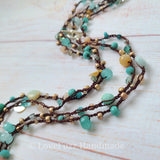 Aqua Glass and Gemstone Long Beaded Crochet Necklace