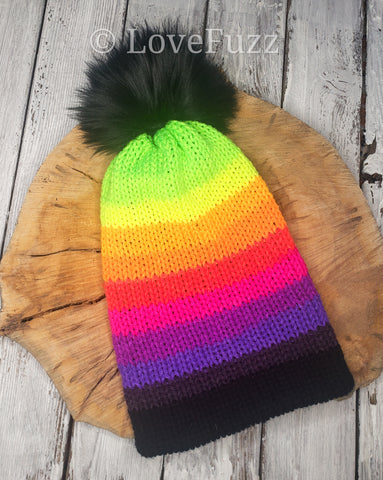 Neon Rainbow Beanie with Fur Pom - LOVEFUZZ