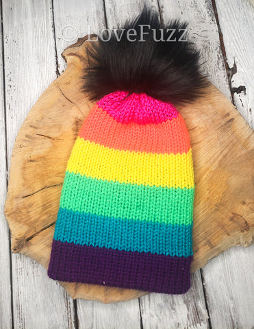 Rainbow Beanie with Fur Pom - LOVEFUZZ