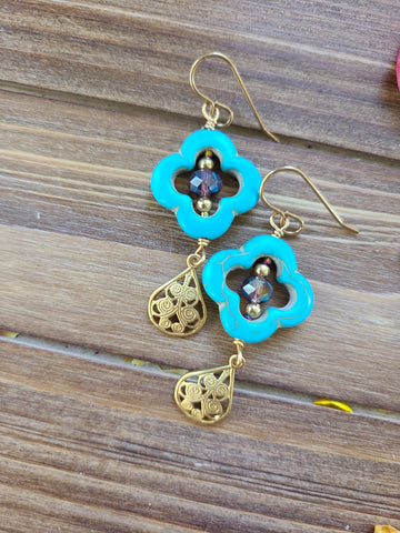 Turquoise and Gold Filigree Dangle Earrings - LOVEFUZZ