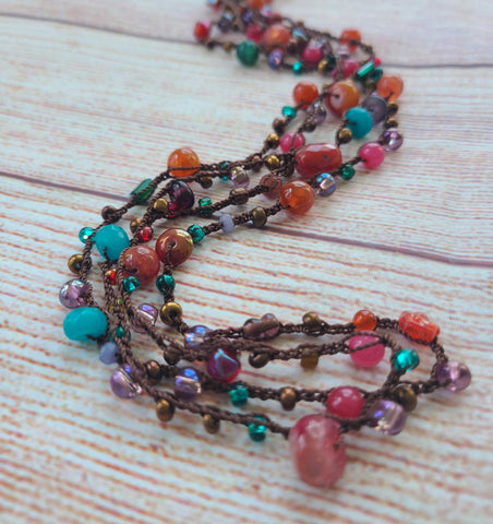 Gemstone Long Beaded Crochet Necklace- Pink and Orange - LOVEFUZZ