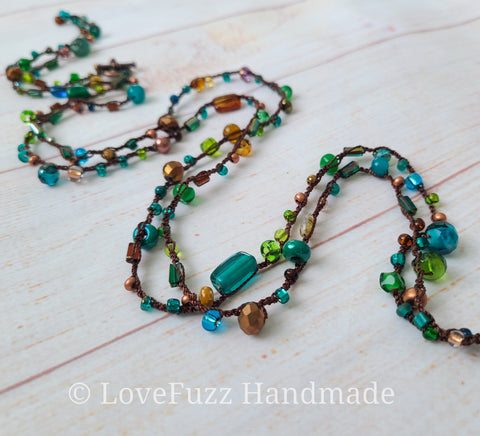 Teal Glass and Gemstone Long Beaded Necklace - LOVEFUZZ