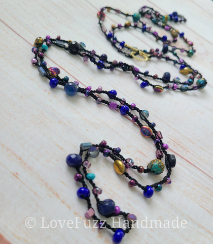 Purple, Gold, and Black Long Beaded Necklace - LOVEFUZZ