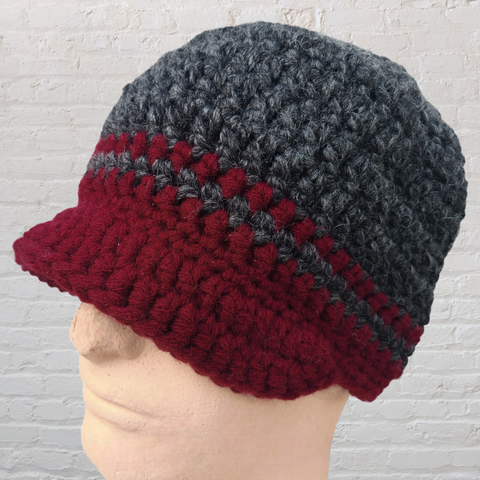 Wool Blend Brimmed Beanie -  Gray and Burgundy - LOVEFUZZ