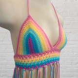 Crochet Halter Top with Fringe, Pastel Rainbow Crochet Bikini Top - LOVEFUZZ