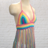 Crochet Halter Top with Fringe, Pastel Rainbow Crochet Bikini Top - LOVEFUZZ