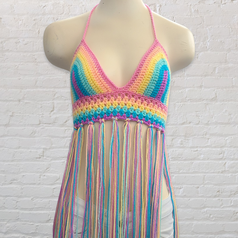 Crochet Halter Top with Fringe, Pastel Rainbow Crochet Bikini Top - LOVEFUZZ