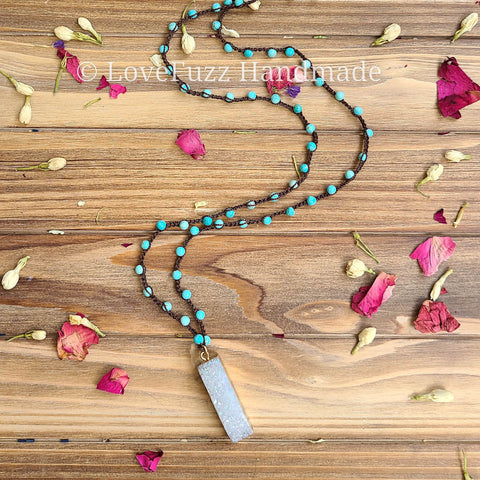 Quartz Druzy and Turquoise Long Beaded Necklace - LOVEFUZZ